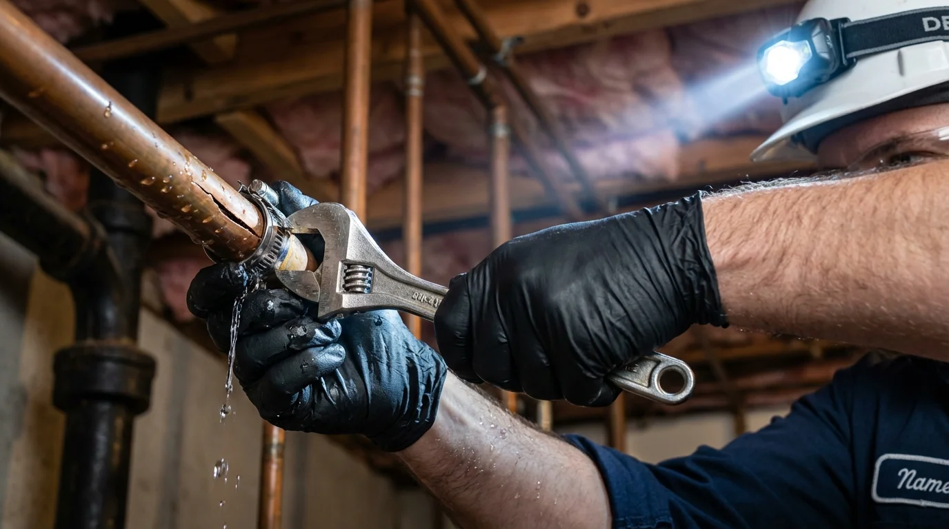 Emergency pipe clamp repair being performed by a Johns Plumbing LLC plumber in Northfield