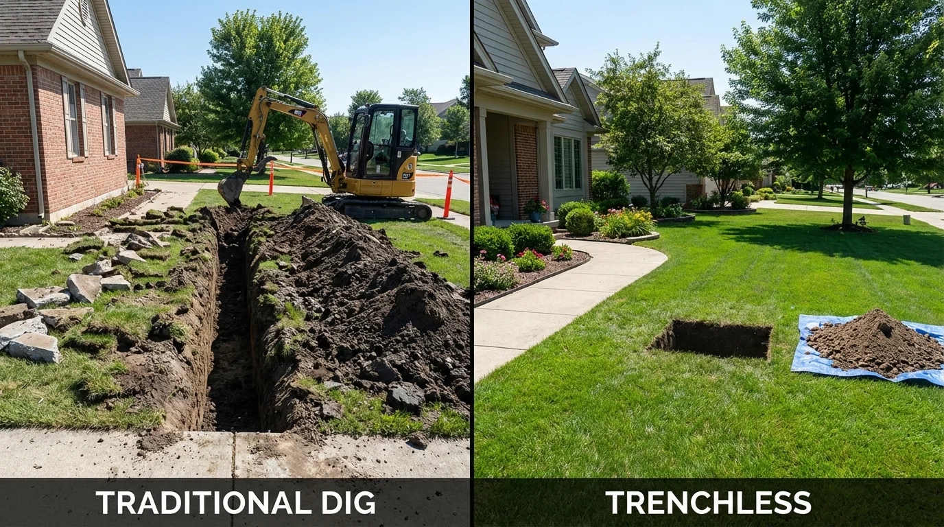 Trenchless sewer repair with minimal yard damage versus traditional excavation in Northfield, NJ