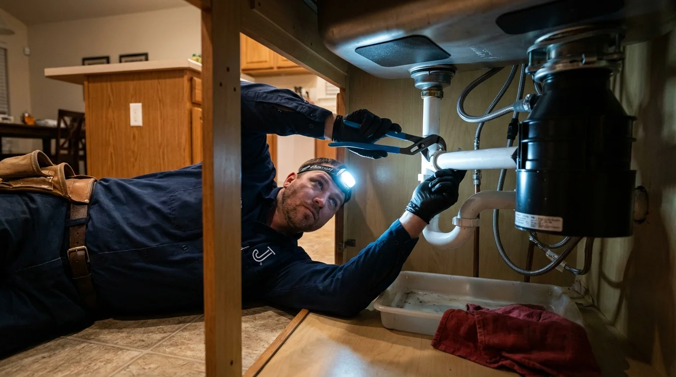P-trap and supply line connections under a kitchen sink showing a common leak point in Northfield, NJ